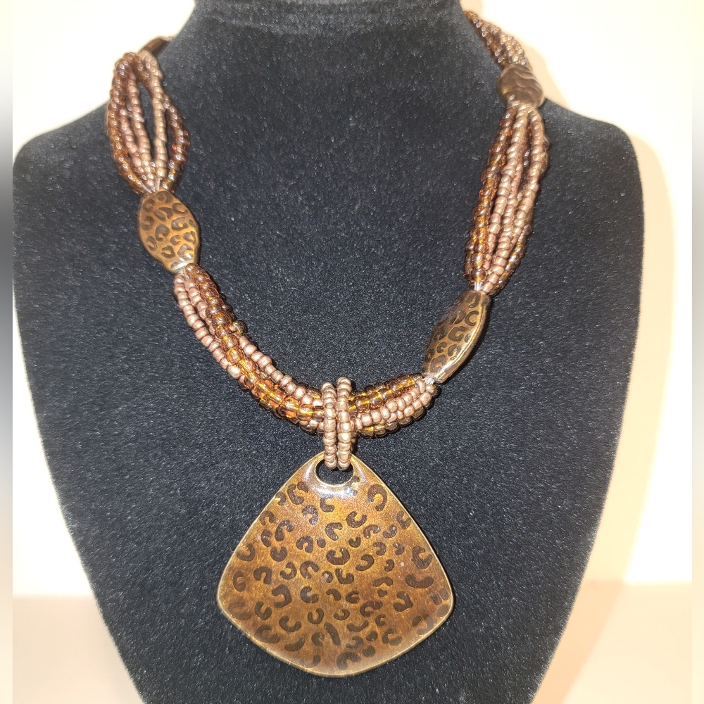 Chico’s Leopard Print Pendant Necklace Bronze Tone Multi Strand Beaded 22”